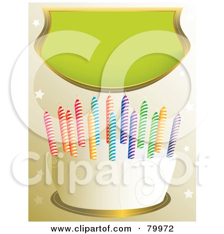 Royalty-Free (RF) Clipart Illustration of a Vanilla Frosted Birthday Cake With Swirl Designs And Colorful Candles Under A Green Banner by Randomway
