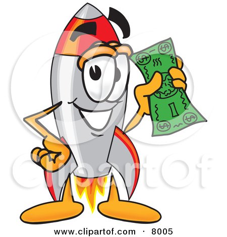 Clipart Picture of a Rocket Mascot Cartoon Character Holding a Dollar Bill by Mascot Junction