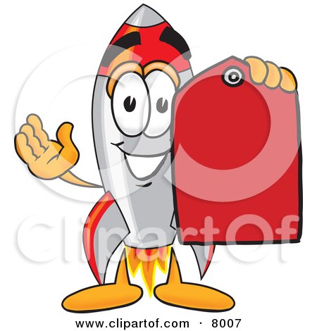 Clipart Picture of a Rocket Mascot Cartoon Character Holding a Red Sales Price Tag by Mascot Junction