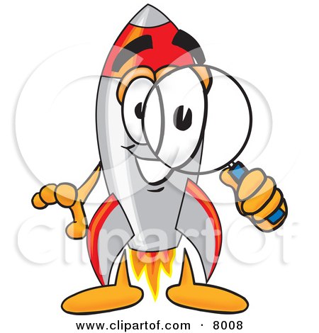 Clipart Picture of a Rocket Mascot Cartoon Character Looking Through a Magnifying Glass by Mascot Junction