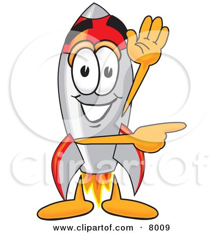 Clipart Picture of a Rocket Mascot Cartoon Character Waving and Pointing by Mascot Junction