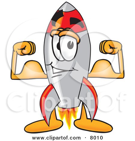 Clipart Picture of a Rocket Mascot Cartoon Character Flexing His Arm Muscles by Mascot Junction