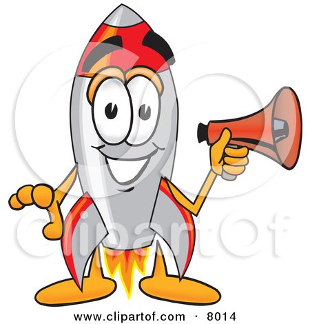 Clipart Picture of a Rocket Mascot Cartoon Character Holding a Megaphone by Mascot Junction