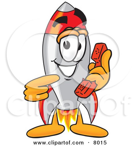 Clipart Picture of a Rocket Mascot Cartoon Character Holding a Telephone by Mascot Junction