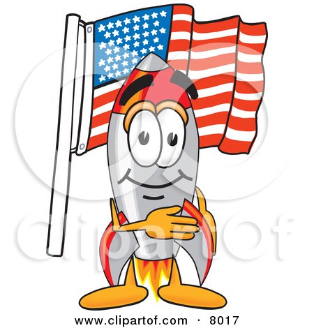 Clipart Picture of a Rocket Mascot Cartoon Character Pledging Allegiance to an American Flag by Mascot Junction