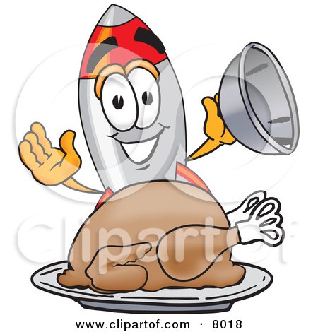 Clipart Picture of a Rocket Mascot Cartoon Character Serving a Thanksgiving Turkey on a Platter by Mascot Junction