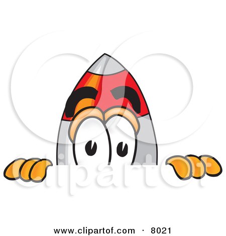 Clipart Picture of a Rocket Mascot Cartoon Character Peeking Over a Surface by Mascot Junction