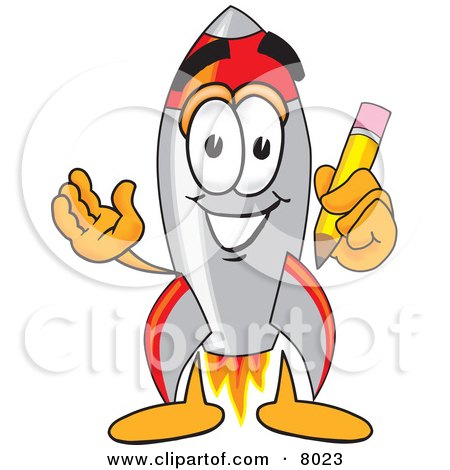 Clipart Picture of a Rocket Mascot Cartoon Character Holding a Pencil by Mascot Junction
