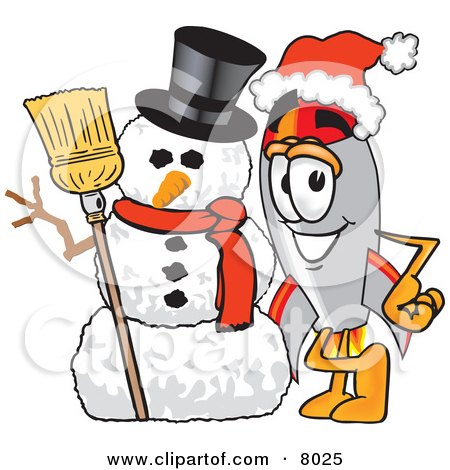 Clipart Picture of a Rocket Mascot Cartoon Character With a Snowman on Christmas by Mascot Junction