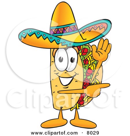 Clipart Picture of a Taco Mascot Cartoon Character Waving and Pointing by Mascot Junction