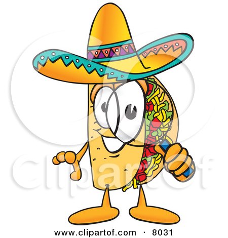 Clipart Picture of a Taco Mascot Cartoon Character Looking Through a Magnifying Glass by Mascot Junction