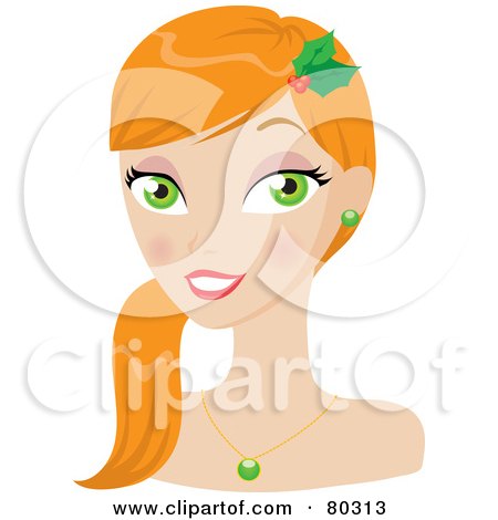 Royalty-Free (RF) Clipart Illustration of a Smiling Strawberry Blond Christmas Woman Wearing Holly In Her Hair by Rosie Piter