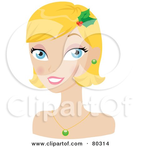 Royalty-Free (RF) Clipart Illustration of a Smiling Blond Christmas Woman Wearing Holly In Her Hair by Rosie Piter