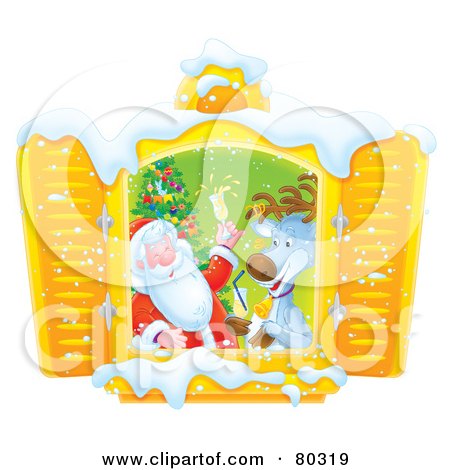 Royalty-Free (RF) Clipart Illustration of Open Shutters Framing A Reindeer And Santa Toasting By A Christmas Tree by Alex Bannykh