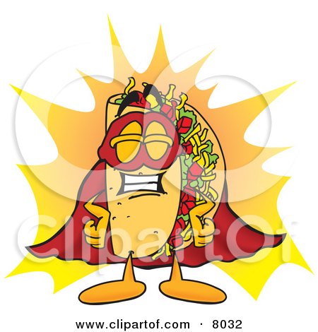 Clipart Picture of a Taco Mascot Cartoon Character Dressed as a Super Hero by Mascot Junction