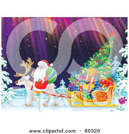 Royalty-Free (RF) Clipart Illustration of Santa Riding On A Reindeer's Back As They Pull A Sleigh With Presents And A Tree Through A Winter Night With Northern Lights by Alex Bannykh
