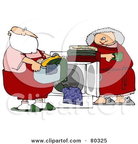 Royalty-Free (RF) Stock Illustration of Mrs Claus Leaning Against A Dryer And Watching Santa Do The Laundry by djart