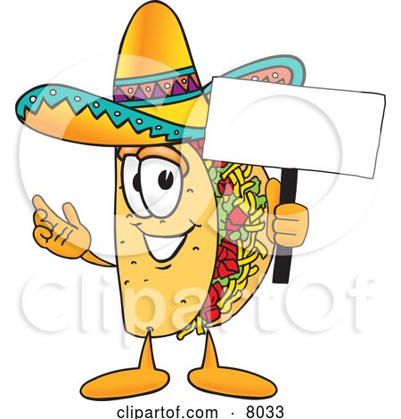 Clipart Picture of a Taco Mascot Cartoon Character Holding a Blank Sign by Mascot Junction