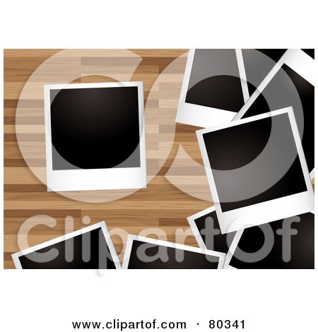 Royalty-Free (RF) Clipart Illustration of Scatted Blank Polaroid Pictures On A Wood Floor by michaeltravers