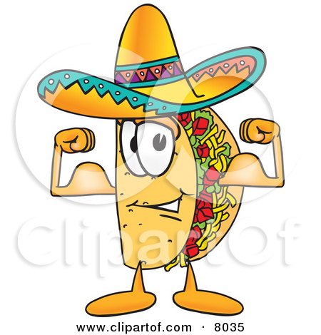 Clipart Picture of a Taco Mascot Cartoon Character Flexing His Arm Muscles by Mascot Junction