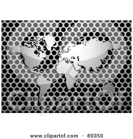 Royalty-Free (RF) Clipart Illustration of a Shiny Silver World Map On A Brushed Metal Grill Over Black by michaeltravers