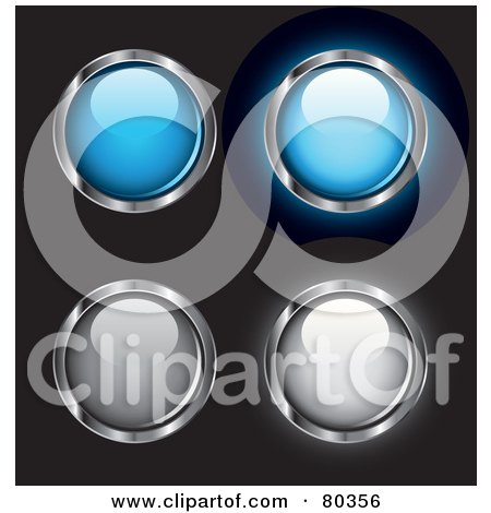Royalty-Free (RF) Clipart Illustration of a Digital Collage Of Four Shiny Chrome, Blue And Gray Hovering Website Buttons by TA Images