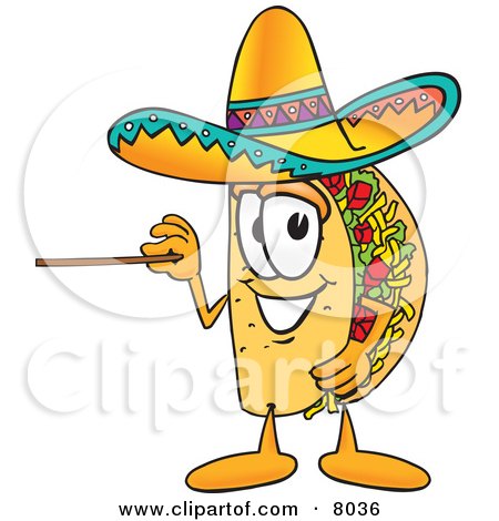 Clipart Picture of a Taco Mascot Cartoon Character Holding a Pointer Stick by Mascot Junction