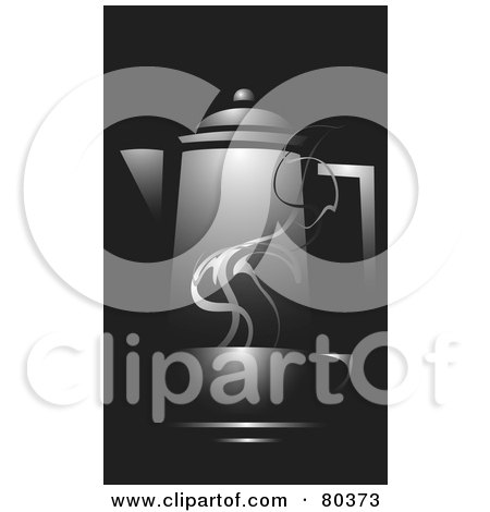 Royalty-Free (RF) Stock Illustration of a Black Cup Of Steamy Coffee On A Saucer In Front Of A Carafe On Black by xunantunich