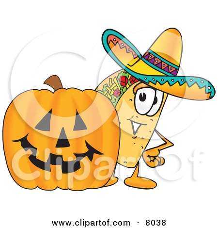 Clipart Picture of a Taco Mascot Cartoon Character With a Carved Halloween Pumpkin by Mascot Junction