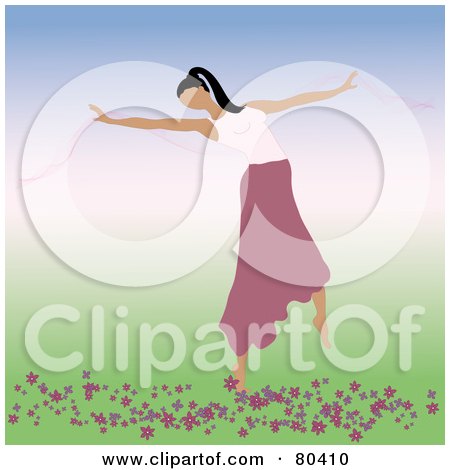 Royalty-Free (RF) Clipart Illustration of a Graceful Ballerina Dancing In A Pink Skirt Over Flowers On A Gradient Background by Pams Clipart