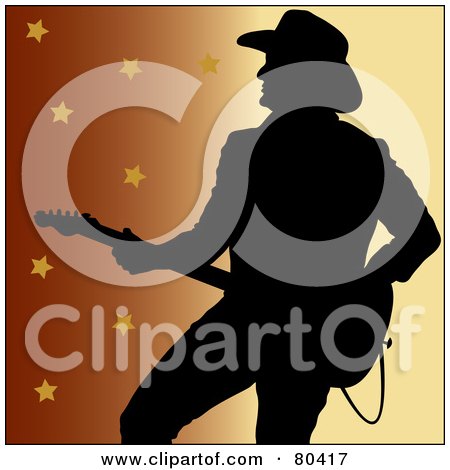 Royalty-Free (RF) Clipart Illustration of a Silhouette Of A Country Western Music Guitarist On A Gradient Star Background by Pams Clipart