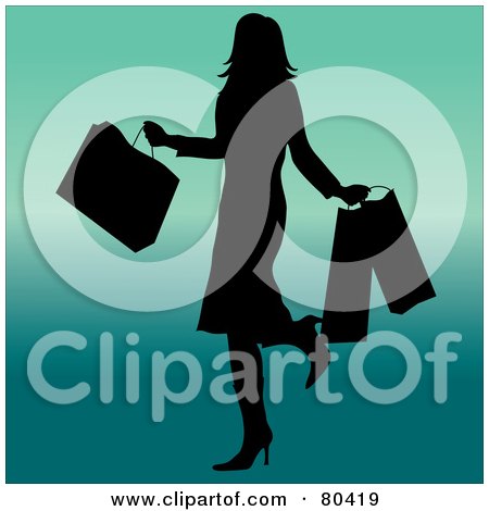 Royalty-Free (RF) Clipart Illustration of a Black Silhouetted Shopping Woman Kicking Up Her Heel And Carrying Bags by Pams Clipart