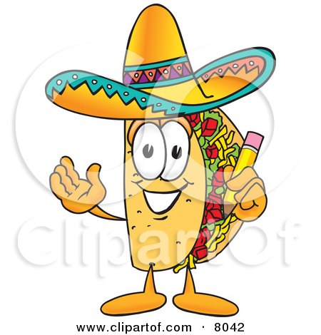 Clipart Picture of a Taco Mascot Cartoon Character Holding a Pencil by Mascot Junction