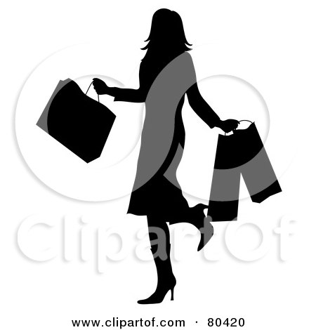 Royalty-Free (RF) Clipart Illustration of a Black Silhouette Of A Shopping Woman Kicking Up Her Heel And Carrying Bags by Pams Clipart