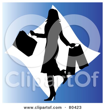 Royalty-Free (RF) Clipart Illustration of a Black Silhouette Shopping Woman Kicking Up Her Heel And Carrying Bags by Pams Clipart