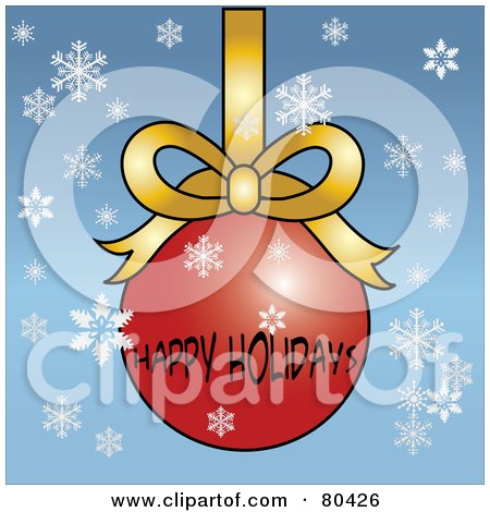 Royalty-Free (RF) Clipart Illustration of a Red Happy Holidays Christmas Ornament On A Gold Bow, Over Blue With Snowflakes by Pams Clipart