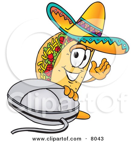 Clipart Picture of a Taco Mascot Cartoon Character With a Computer Mouse by Mascot Junction