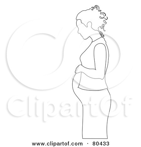 Royalty-Free (RF) Clipart Illustration of a Black And White Outline Of A Pregnant Woman In Profile, Touching Her Tummy by Pams Clipart