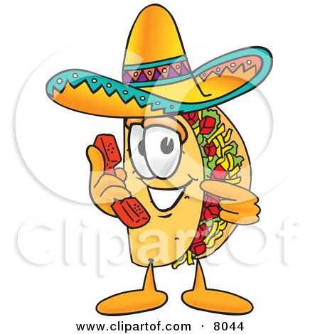 Clipart Picture of a Taco Mascot Cartoon Character Holding a Telephone by Mascot Junction
