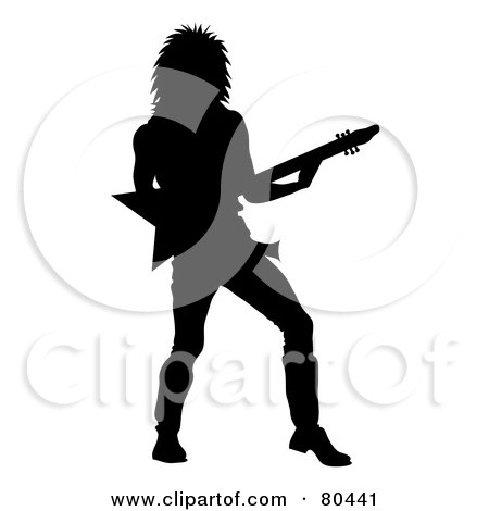 Royalty-Free (RF) Clip Art Illustration of a Silhouetted Rock Star Man Playing An Electric Guitar by Pams Clipart