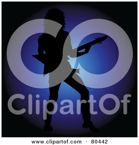 Royalty-Free (RF) Clipart Illustration of a Silhouetted Rock Star Man Playing An Electric Guitar Over Blue by Pams Clipart