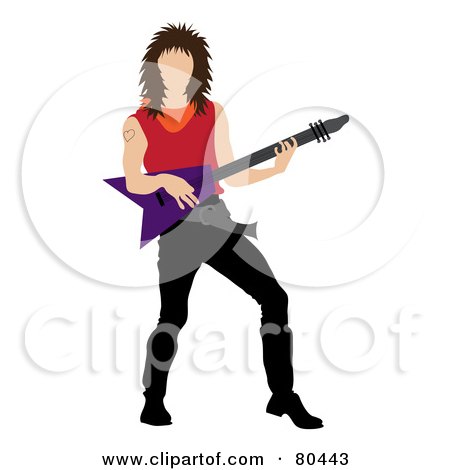 Royalty-Free (RF) Clipart Illustration of a Brunette Rock Star Man With A Mullet, Playing An Electric Guitar by Pams Clipart