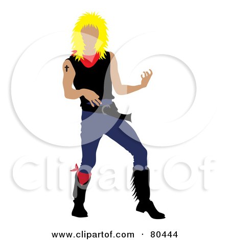 Royalty-Free (RF) Clipart Illustration of a Blond Rock Star Man With A Mullet, Playing An Air Guitar by Pams Clipart