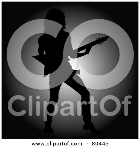 Royalty-Free (RF) Clipart Illustration of a Silhouetted Rock Star Man Playing An Electric Guitar Against A Light by Pams Clipart
