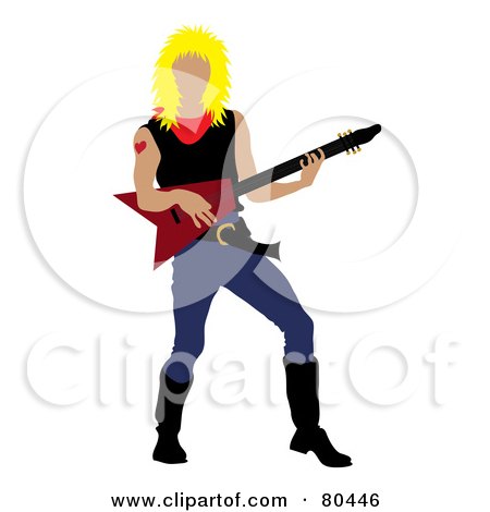Royalty-Free (RF) Clipart Illustration of a Blond Rock Star Man With A Mullet, Playing An Electric Guitar by Pams Clipart