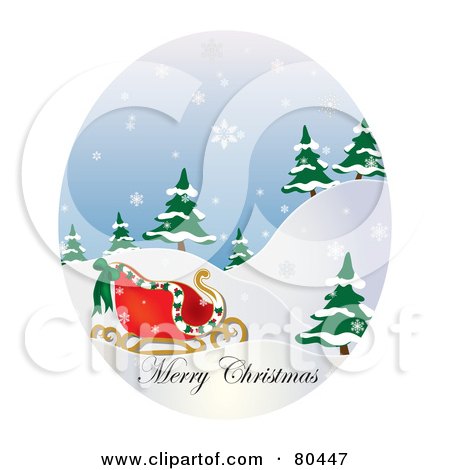 Royalty-Free (RF) Clipart Illustration of an Oval Scene Of Santa's Sleigh With Merry Christmas Text On A Snowy Day by Pams Clipart