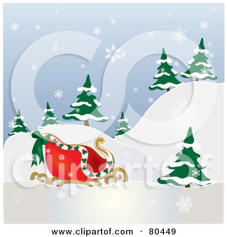 Royalty-Free (RF) Clipart Illustration of Santa's Sleigh Near Evergreens On A Hill In The Snow by Pams Clipart