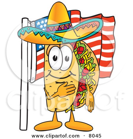 Clipart Picture of a Taco Mascot Cartoon Character Pledging Allegiance to an American Flag by Mascot Junction