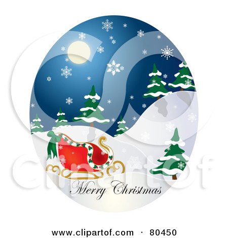 Royalty-Free (RF) Clipart Illustration of an Oval Scene Of Santa's Sleigh With Merry Christmas Text On A Snowy Night by Pams Clipart