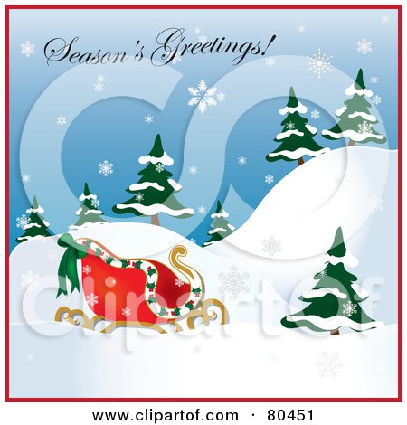 Royalty-Free (RF) Clipart Illustration of a Seasons Greetings Image With Santa's Sleigh On A Hill With Trees by Pams Clipart